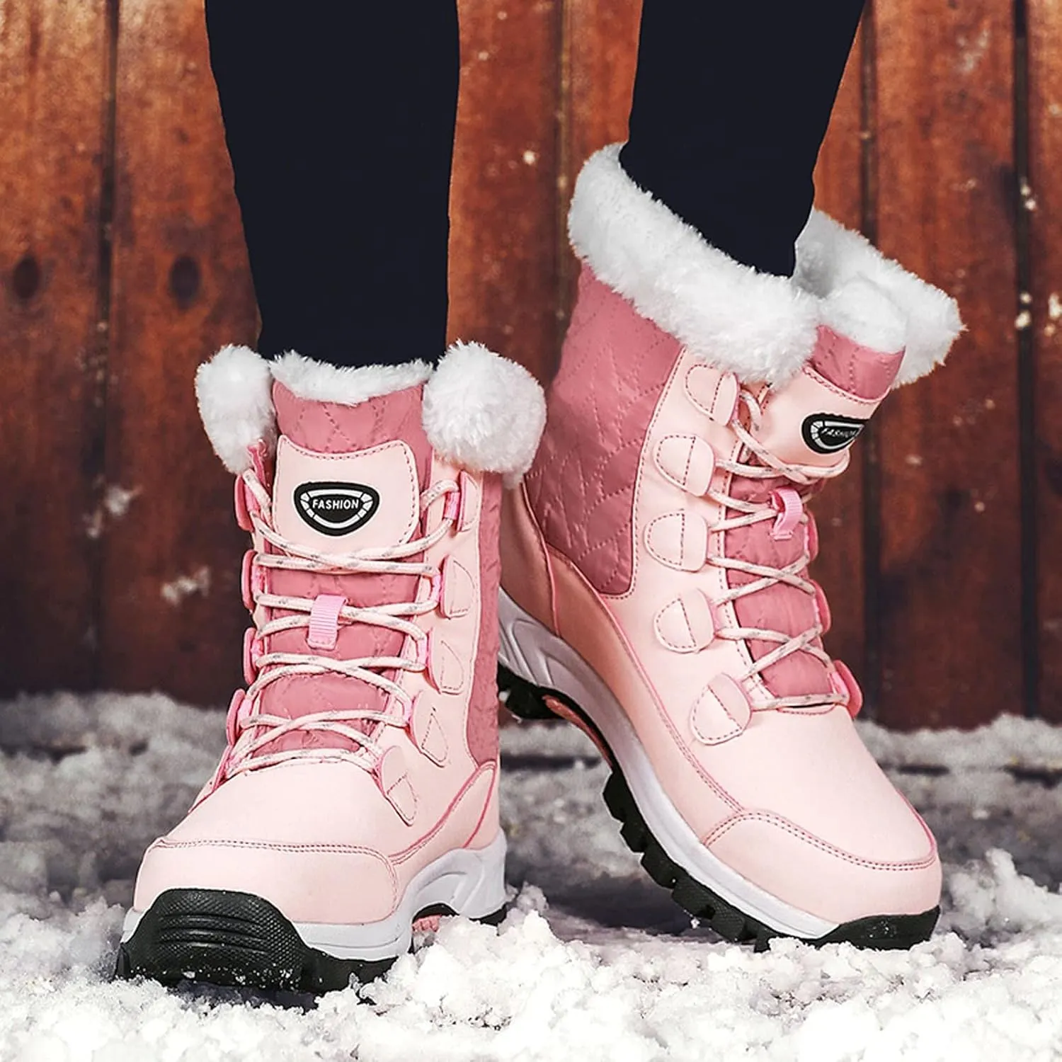 Winter Boots for Women Mid Calf Lace Up Warm Fur Lined Winter Boots Anti Slip Lug Sole Waterproof Hiking Snow Boots