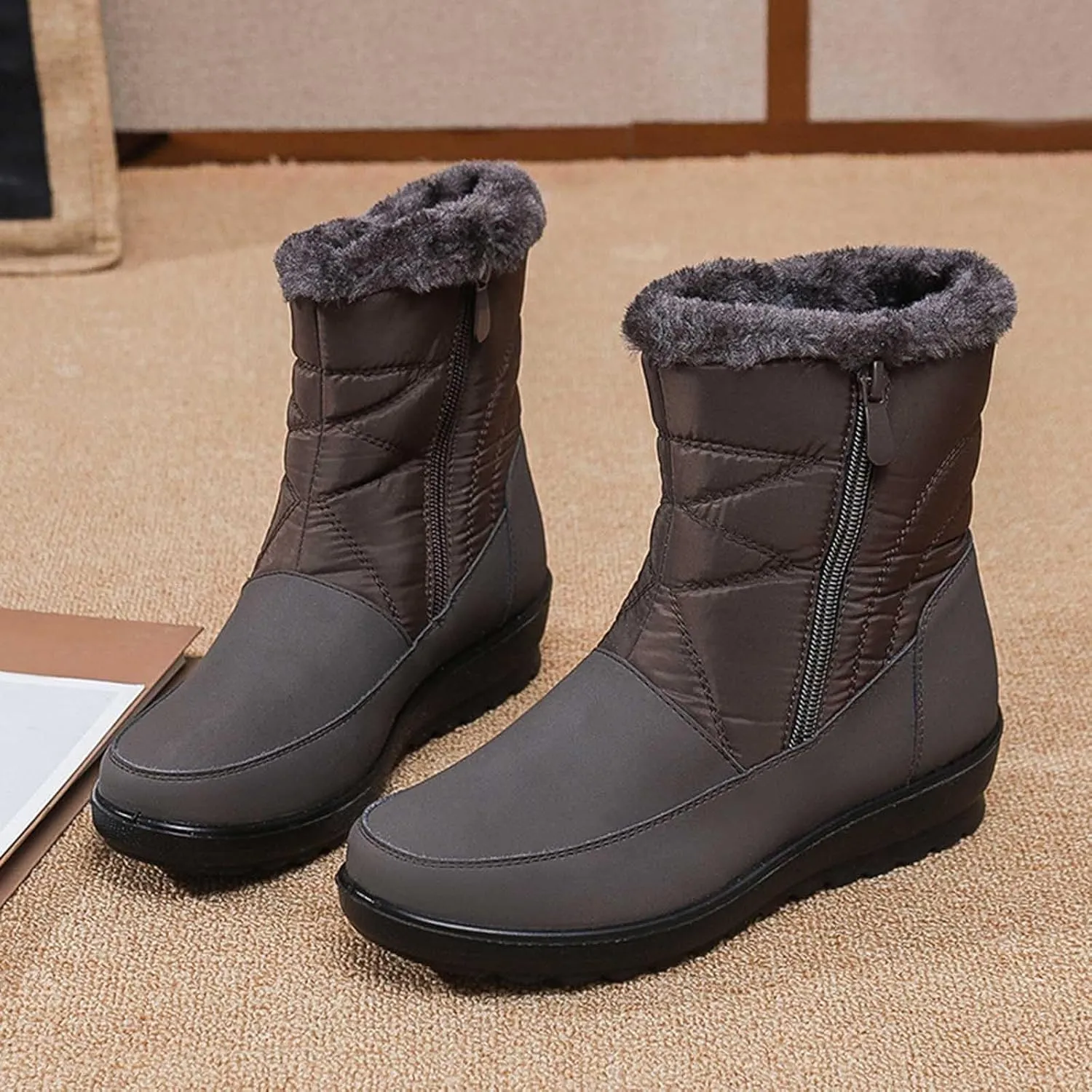 Winter Boots for Women Waterproof Warm Fur Lining Mid Calf Boots with Zipper Comfortable Outdoor Shoes