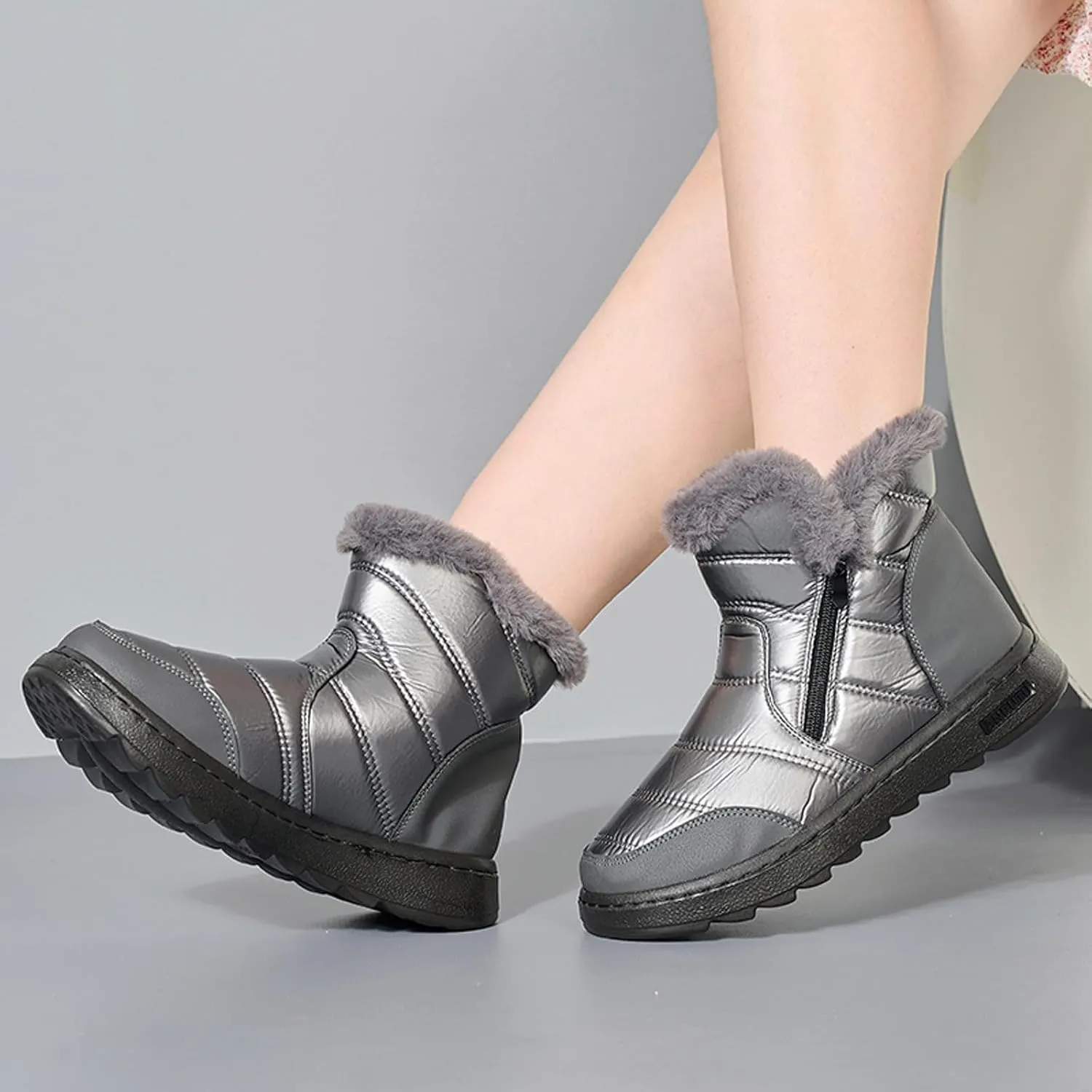 Winter Boots for Women Winter Flat Zipper Warm Fur Lined Snow Booties Outdoor Slip On Waterproof Short Boots