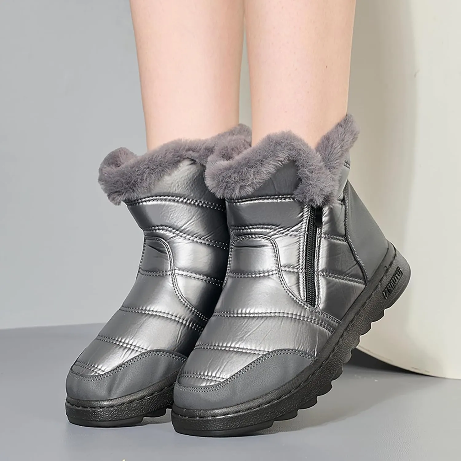 Winter Boots for Women Winter Flat Zipper Warm Fur Lined Snow Booties Outdoor Slip On Waterproof Short Boots