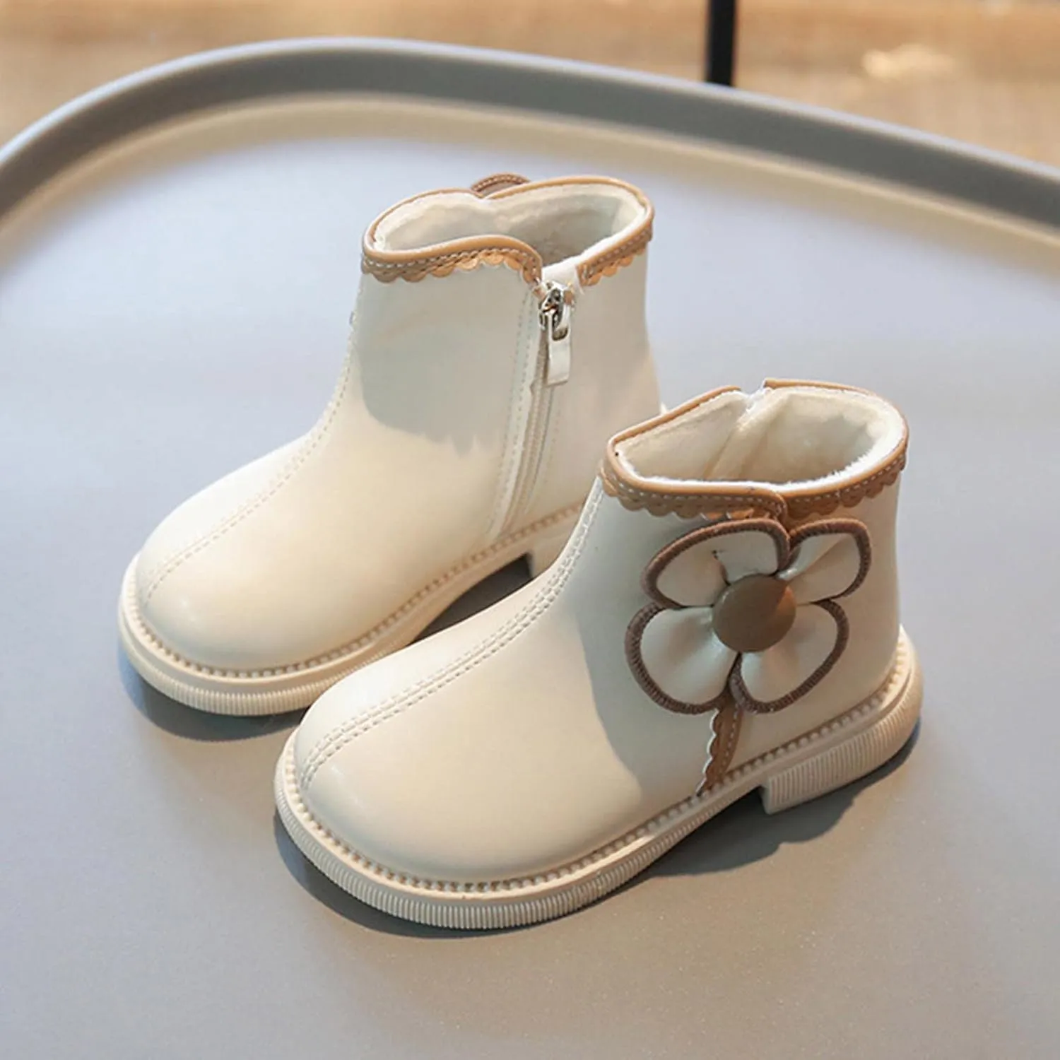 Winter Children Boots Boys Girls Non Slip Side Zipper Plush Ankle Boots Warm Comfortable Outdoor Hiking Shoes (White, 4.5-5 Years Toddler)