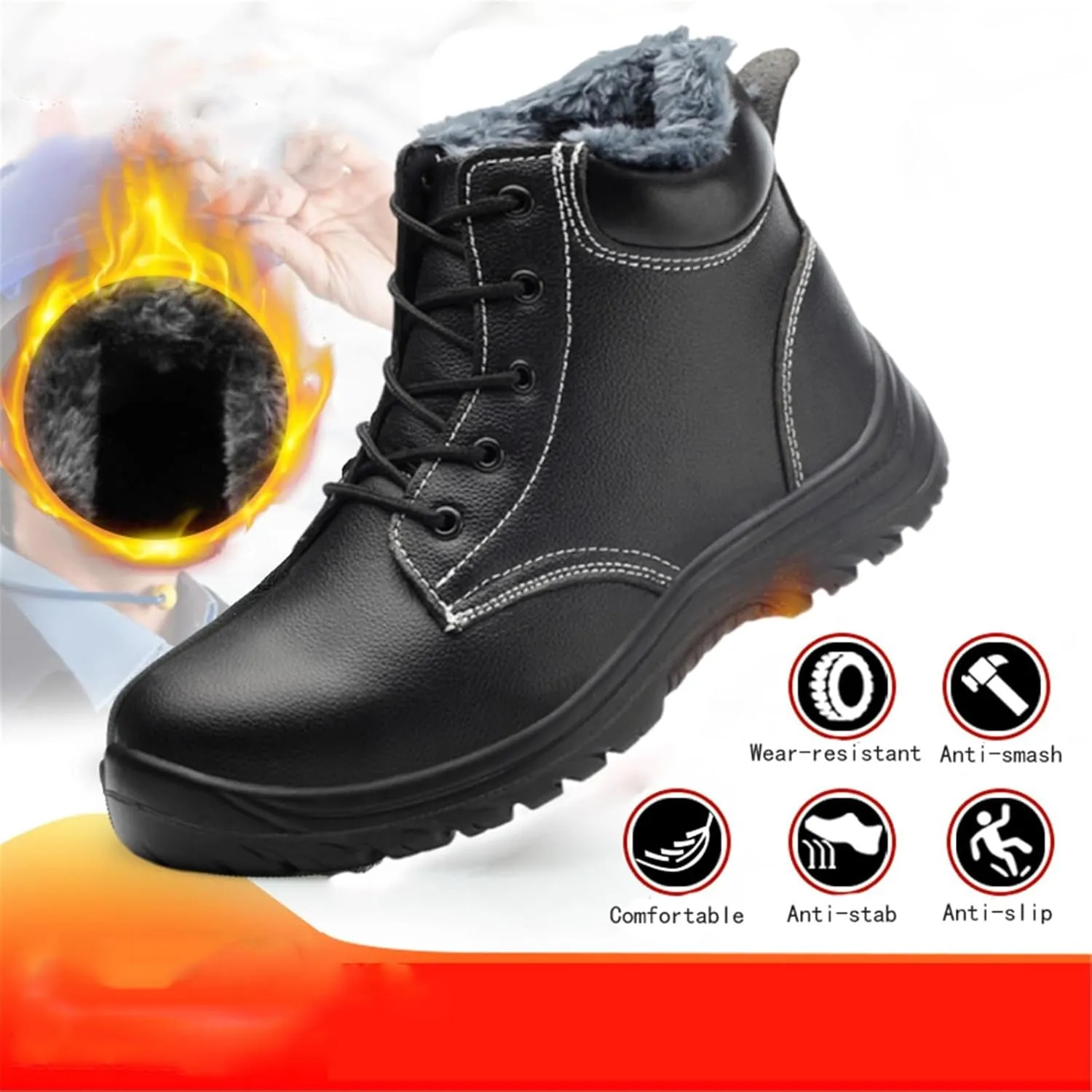 Winter Steel Toe Boots for Men, Men's Warm Lace up Non Slip Safety Waterproof Steel Toe Work Boots, Puncture Resistant Leather Industrial Work Boot, for Outdoor Climbing, Trekking