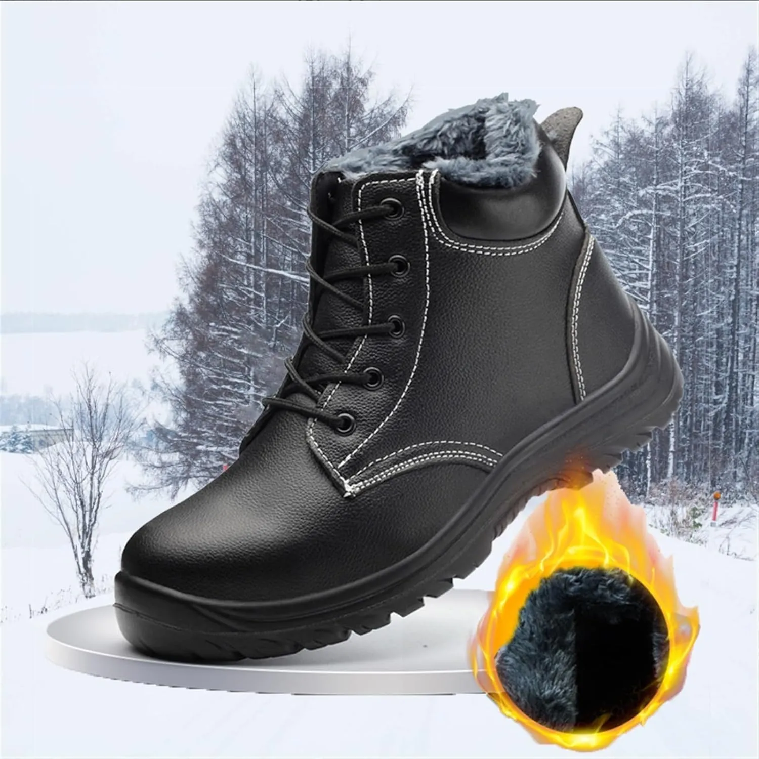 Winter Steel Toe Boots for Men, Men's Warm Lace up Non Slip Safety Waterproof Steel Toe Work Boots, Puncture Resistant Leather Industrial Work Boot, for Outdoor Climbing, Trekking