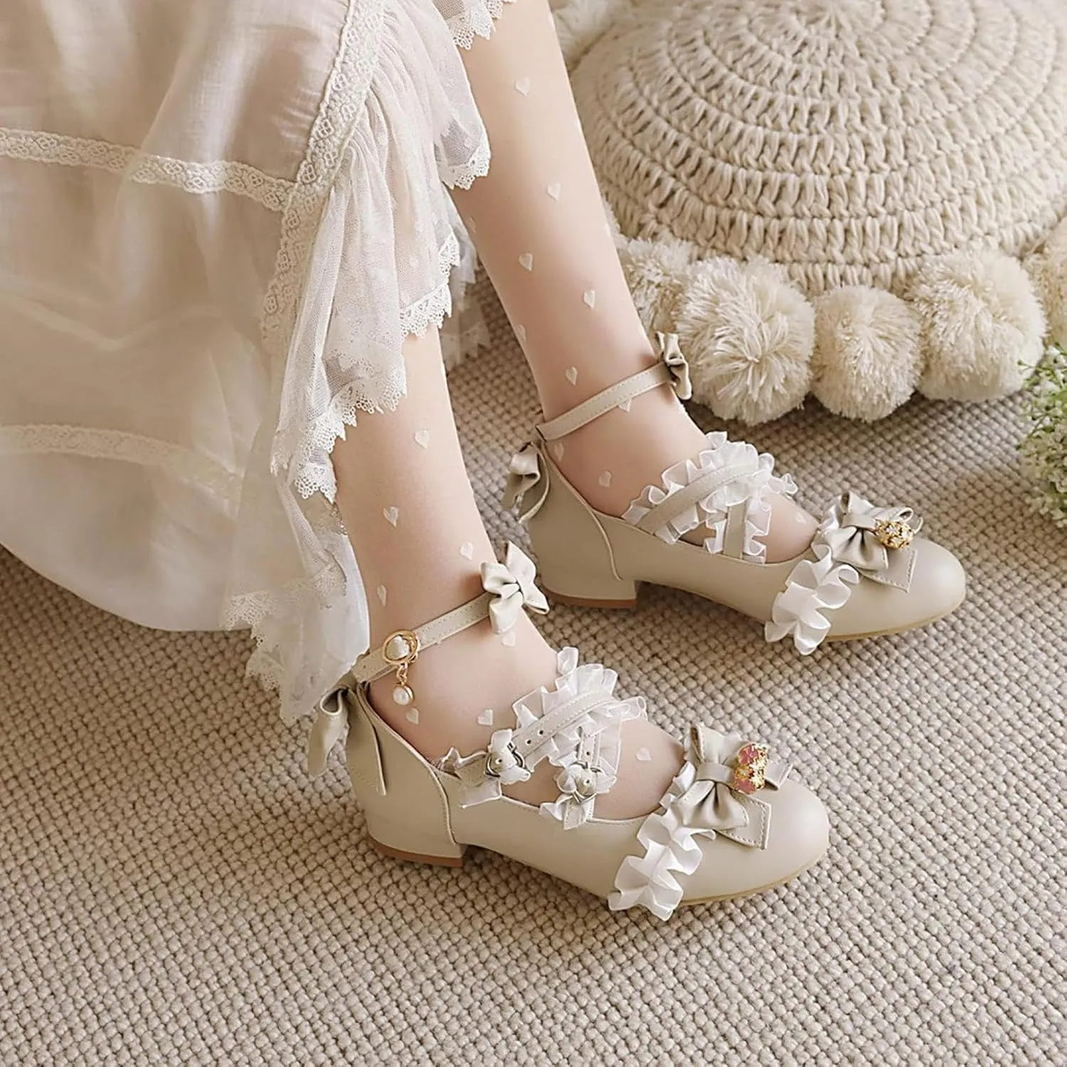 Women's Fashion Beaded Bow Mary Jane Oxford Shoes Thick Heels Girls Ankle Lace Dress Role Playing Shoes