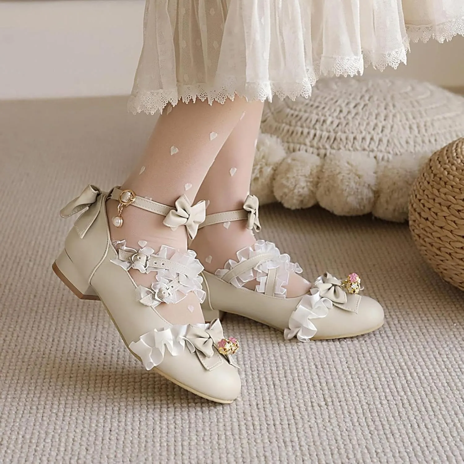 Women's Fashion Beaded Bow Mary Jane Oxford Shoes Thick Heels Girls Ankle Lace Dress Role Playing Shoes