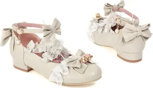 Women's Fashion Beaded Bow Mary Jane Oxford Shoes Thick Heels Girls Ankle Lace Dress Role Playing Shoes