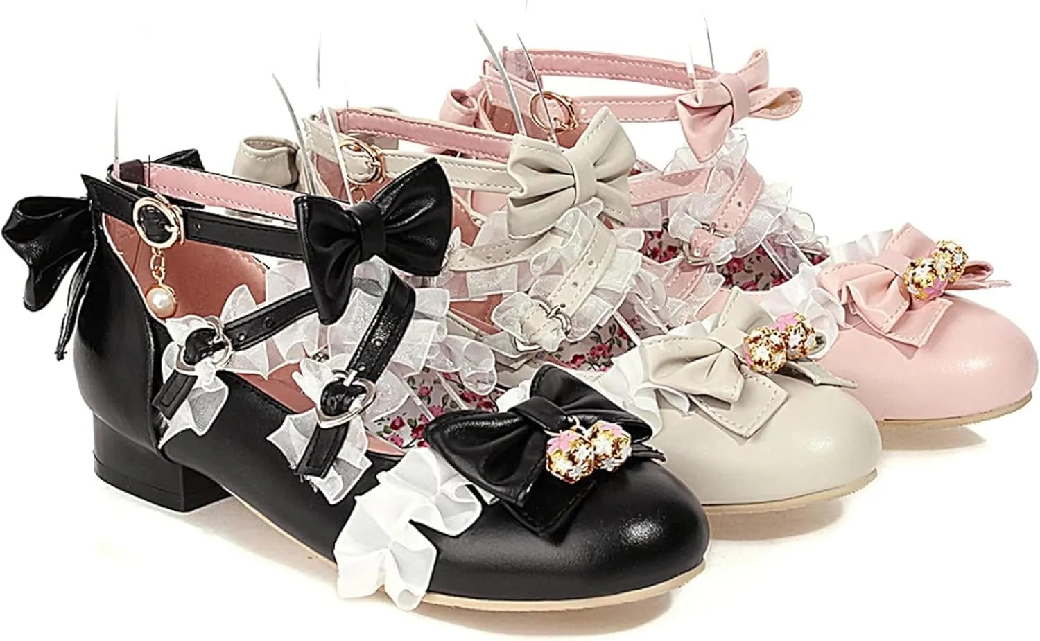 Women's Fashion Beaded Bow Mary Jane Oxford Shoes Thick Heels Girls Ankle Lace Dress Role Playing Shoes
