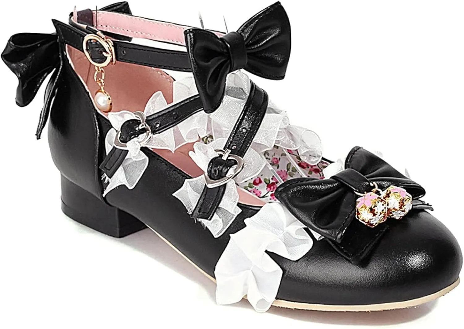 Women's Fashion Beaded Bow Mary Jane Oxford Shoes Thick Heels Girls Ankle Lace Dress Role Playing Shoes
