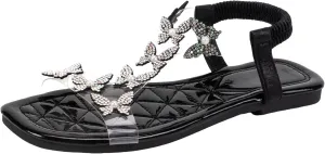 Women's Flat Sandals Square Open Toe Butterfly Rhineston Bohemia Sandals Dress Elastic Ankle Strap Beach Shoes Lw Heel Slip On Dress Shoes