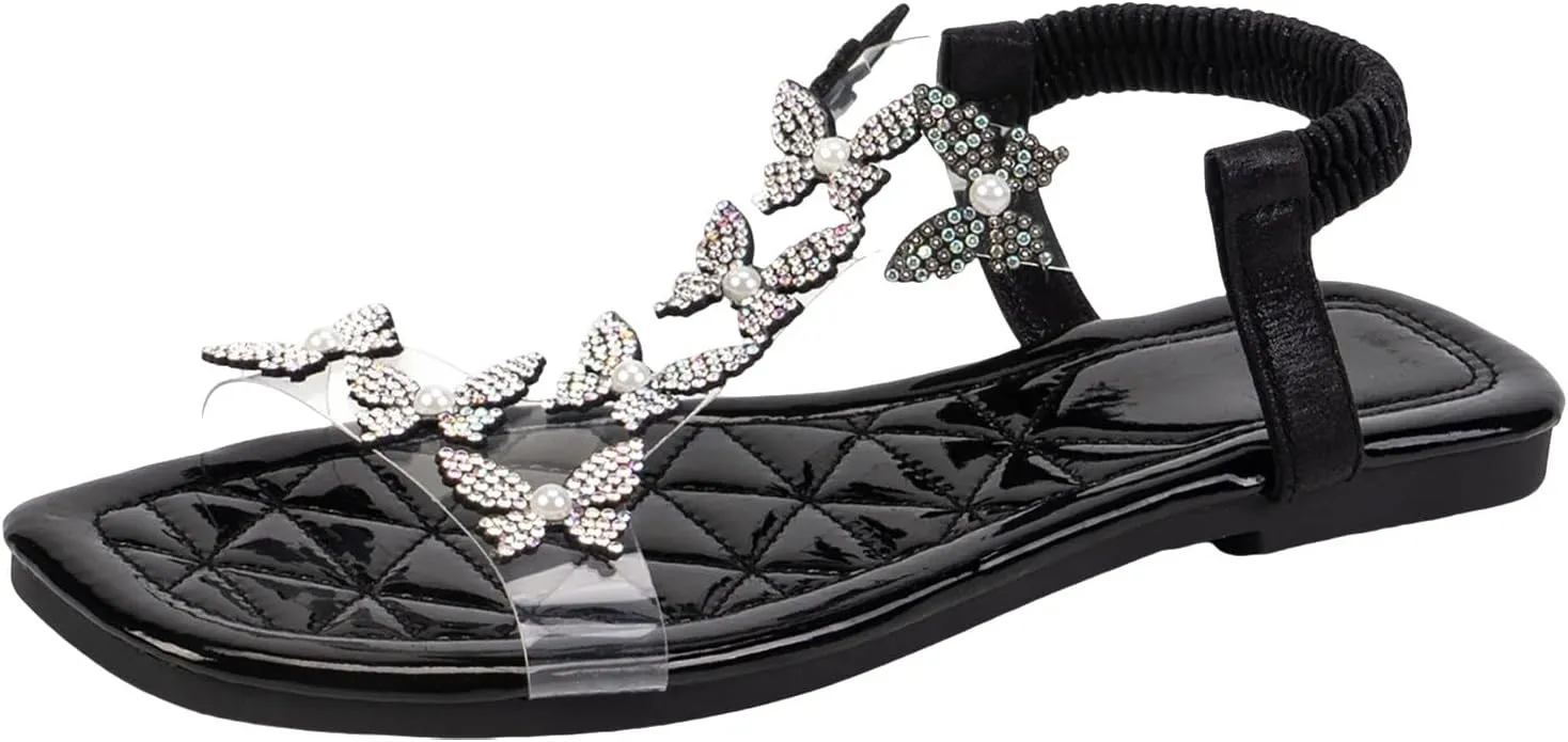Women's Flat Sandals Square Open Toe Butterfly Rhineston Bohemia Sandals Dress Elastic Ankle Strap Beach Shoes Lw Heel Slip On Dress Shoes
