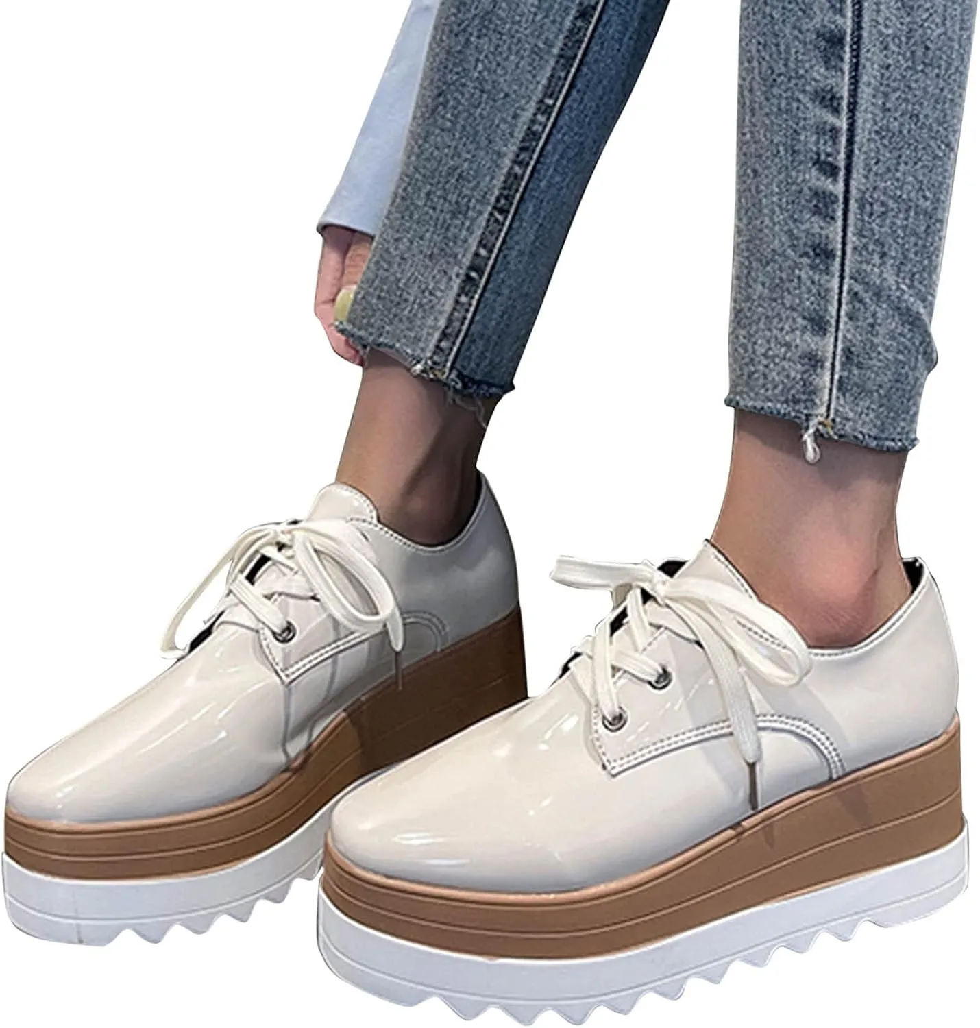 Women's Platform Oxford Shoes Classic Chunky Leather PU Square Toe Wedges Casual Lace Up Sneakers Comfortable Slip On Platform Sneakers
