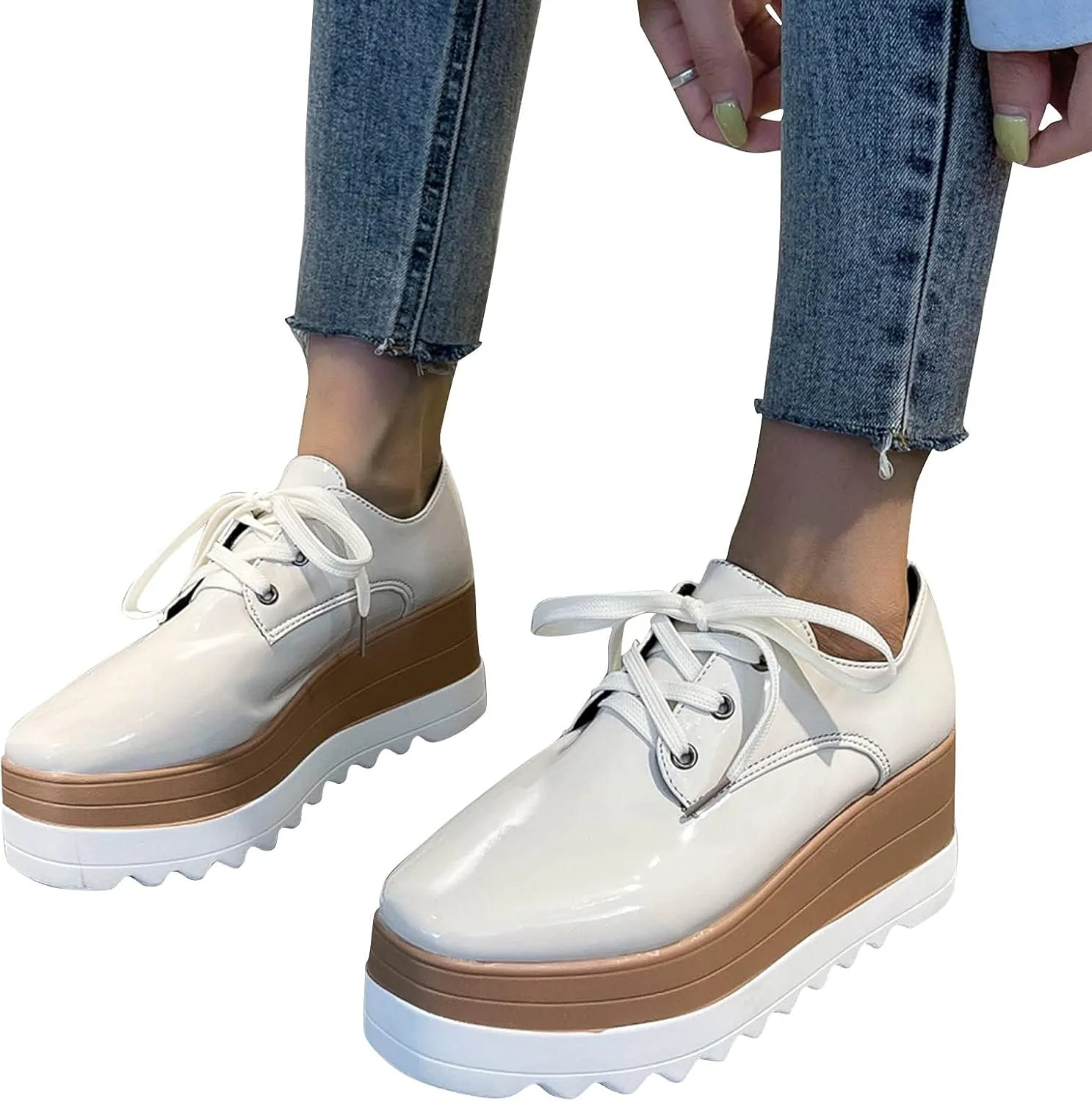 Women's Platform Oxford Shoes Classic Chunky Leather PU Square Toe Wedges Casual Lace Up Sneakers Comfortable Slip On Platform Sneakers