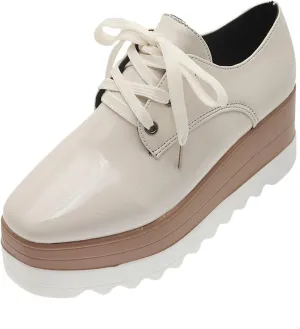 Women's Platform Oxford Shoes Classic Chunky Leather PU Square Toe Wedges Casual Lace Up Sneakers Comfortable Slip On Platform Sneakers