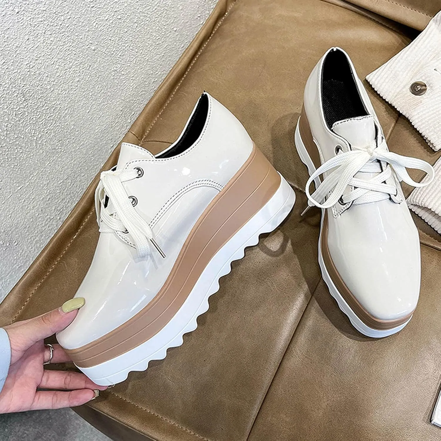Women's Platform Oxford Shoes Classic Chunky Leather PU Square Toe Wedges Casual Lace Up Sneakers Comfortable Slip On Platform Sneakers