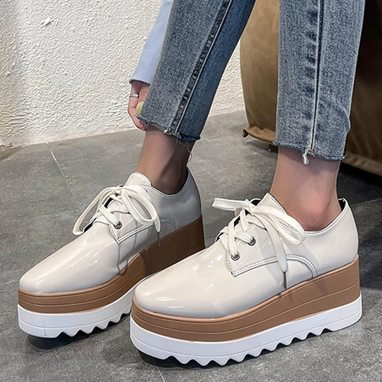 Women's Platform Oxford Shoes Classic Chunky Leather PU Square Toe Wedges Casual Lace Up Sneakers Comfortable Slip On Platform Sneakers