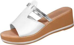 Women's Platform Slip On Fashion Metallic Peep Toe Wedges Shoes Thick Soled Summer High Heels Dressy Casual Sandals