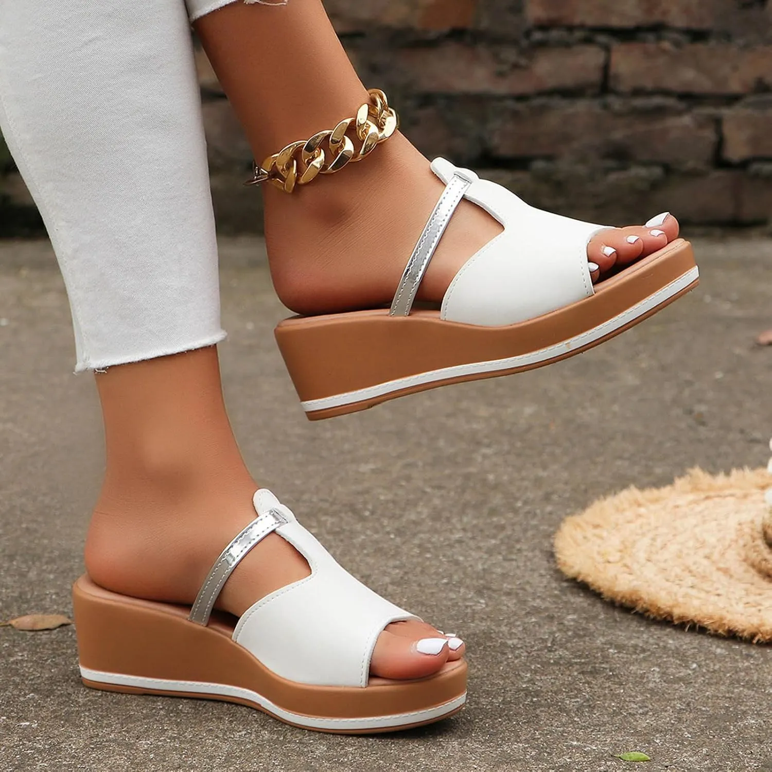 Women's Platform Slip On Fashion Metallic Peep Toe Wedges Shoes Thick Soled Summer High Heels Dressy Casual Sandals