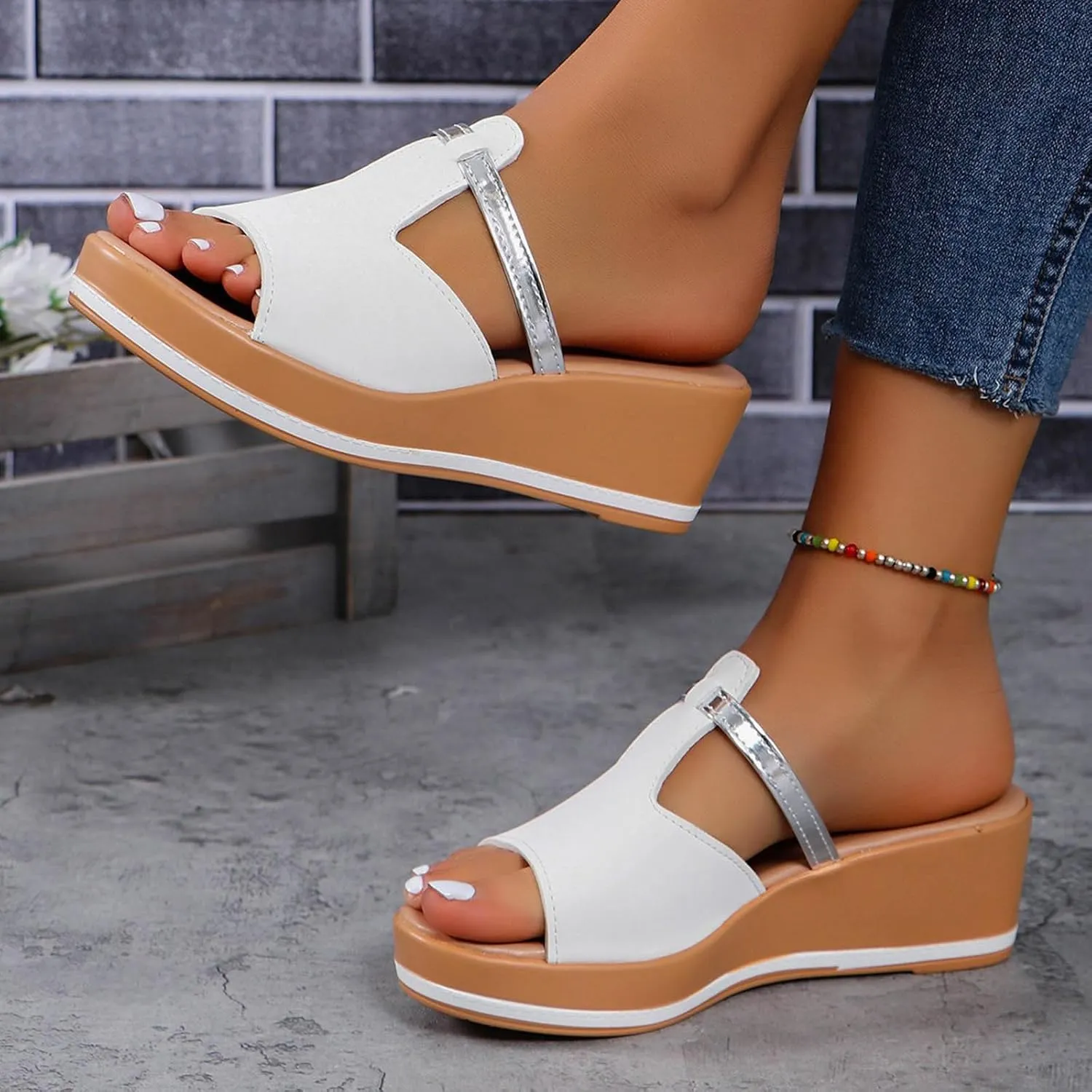 Women's Platform Slip On Fashion Metallic Peep Toe Wedges Shoes Thick Soled Summer High Heels Dressy Casual Sandals