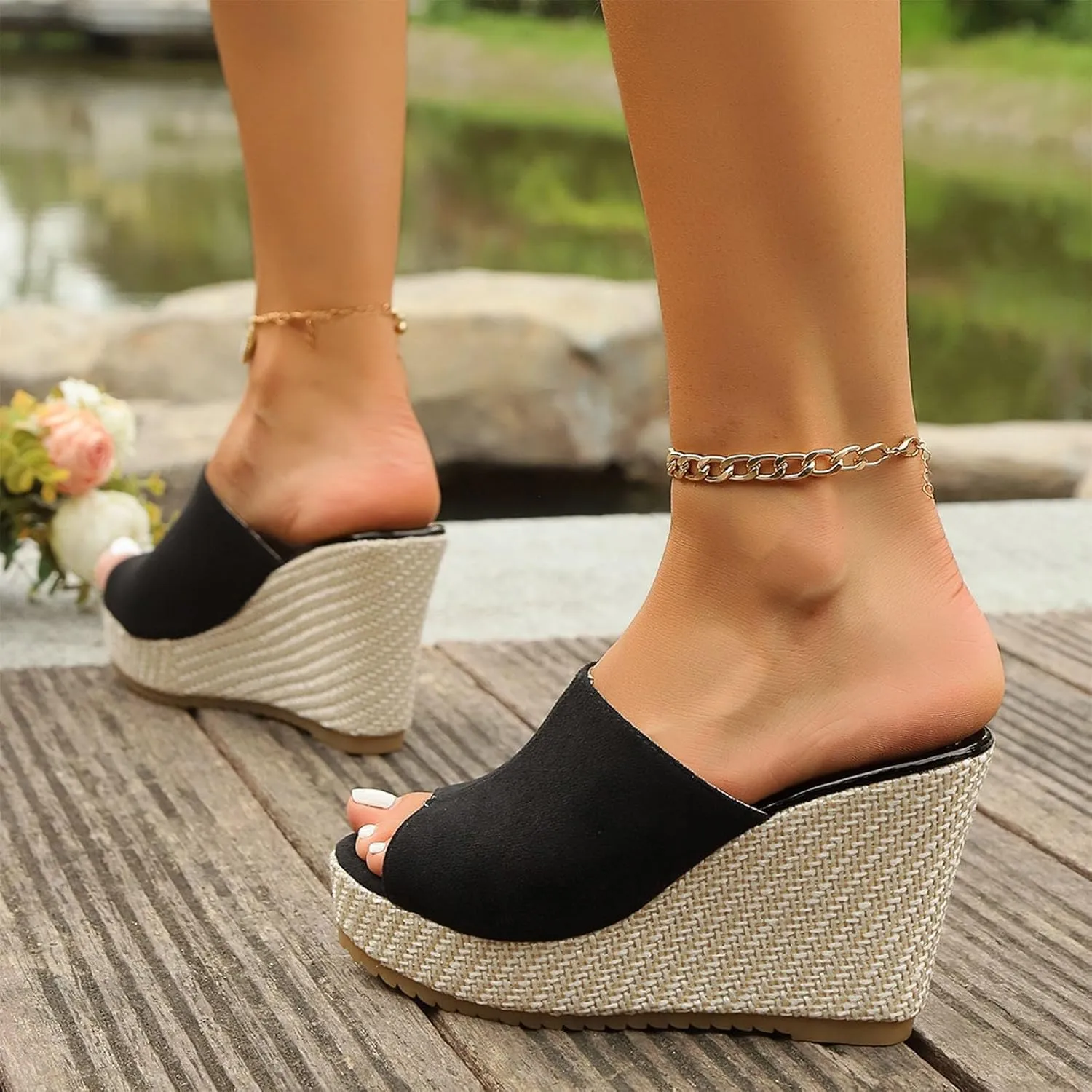 Womens Sandals Wedges Comfortable Dressy Slip On Open Toe Slippers Arch Support High Heel Slides Beach Walking Standing