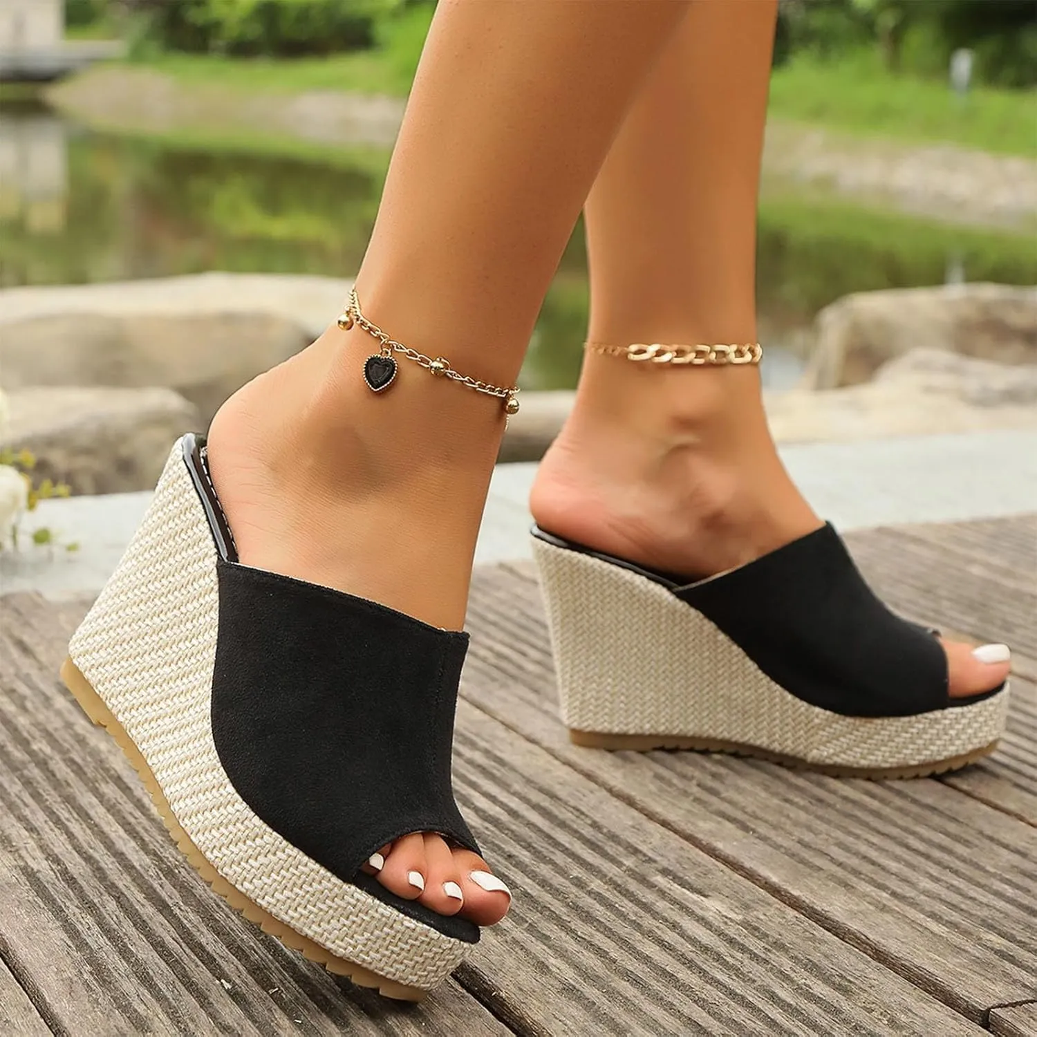 Womens Sandals Wedges Comfortable Dressy Slip On Open Toe Slippers Arch Support High Heel Slides Beach Walking Standing