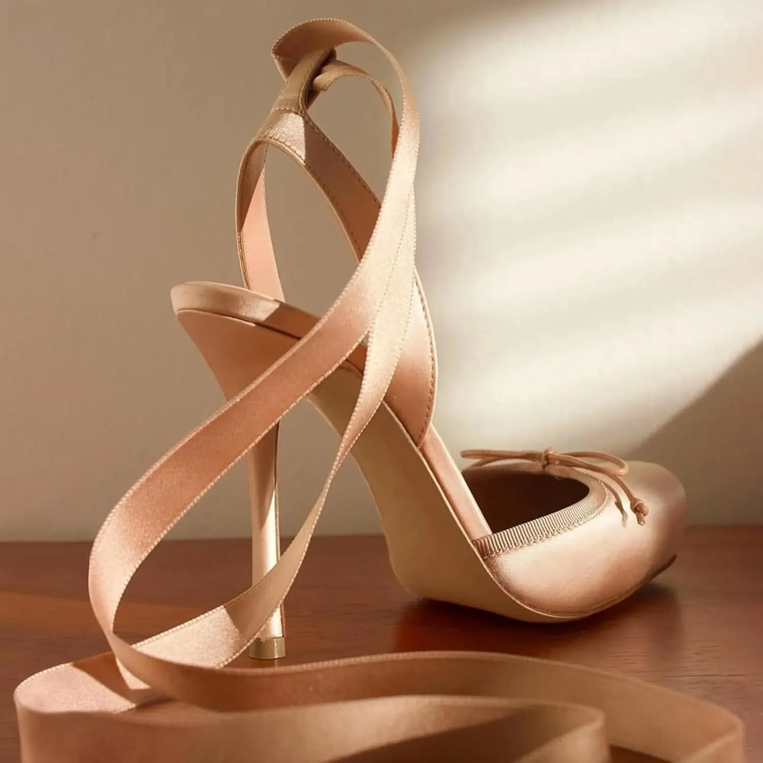 Women's Satin Ballet Slingback High Heels with Bows Closed Square Toe Lace-Up Stiletto Pumps Elegant Mary Jane Wedding Party Shoes