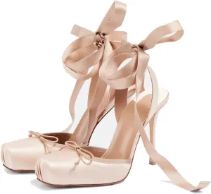Women's Satin Ballet Slingback High Heels with Bows Closed Square Toe Lace-Up Stiletto Pumps Elegant Mary Jane Wedding Party Shoes