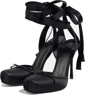 Women's Satin Ballet Slingback High Heels with Bows Closed Square Toe Lace-Up Stiletto Pumps Elegant Mary Jane Wedding Party Shoes