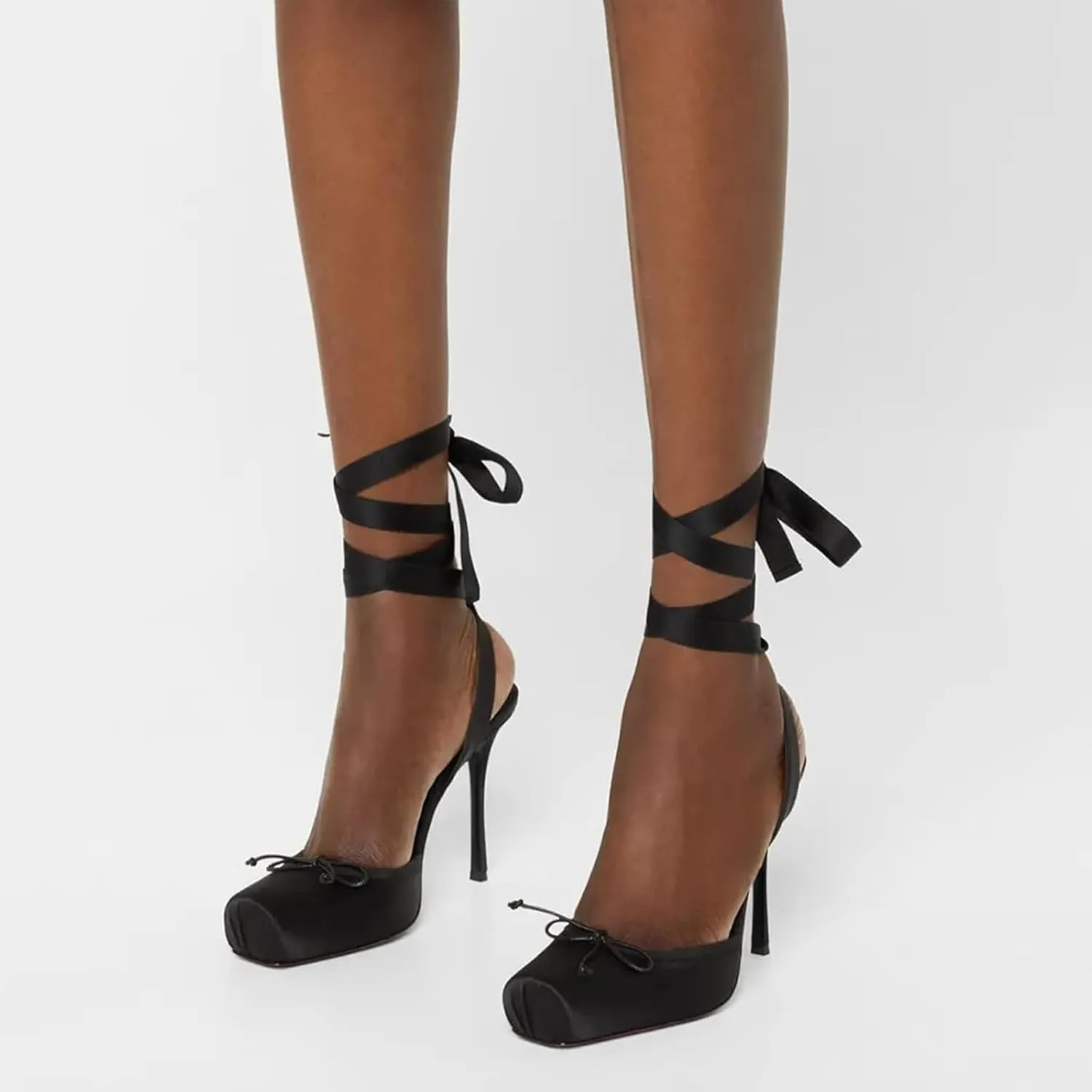Women's Satin Ballet Slingback High Heels with Bows Closed Square Toe Lace-Up Stiletto Pumps Elegant Mary Jane Wedding Party Shoes