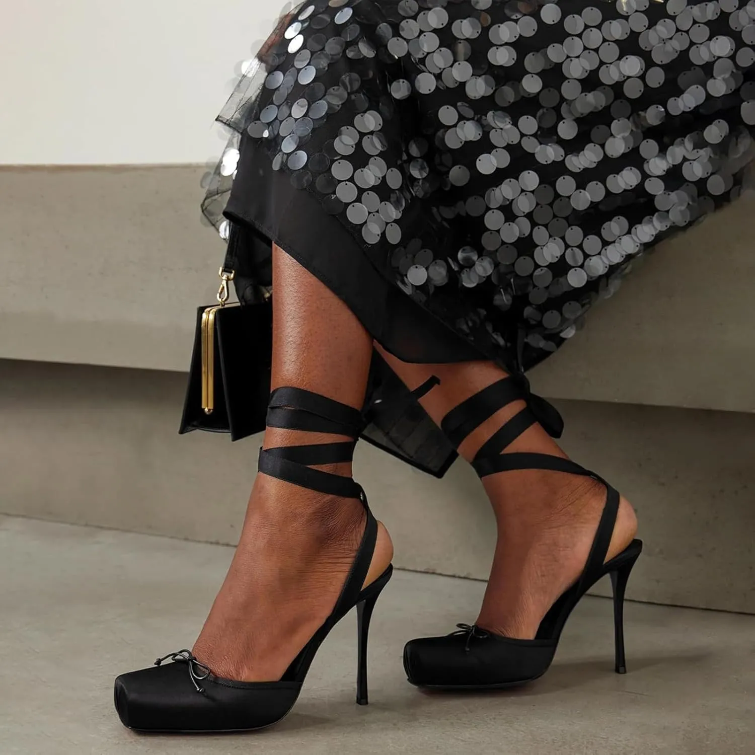 Women's Satin Ballet Slingback High Heels with Bows Closed Square Toe Lace-Up Stiletto Pumps Elegant Mary Jane Wedding Party Shoes
