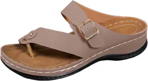 Women's Summer Arch Support Casual Leather Sandals Retro Comfortable Ring Toe Belt Buckle Wedge Flat Beach Sandals Walking Shoes