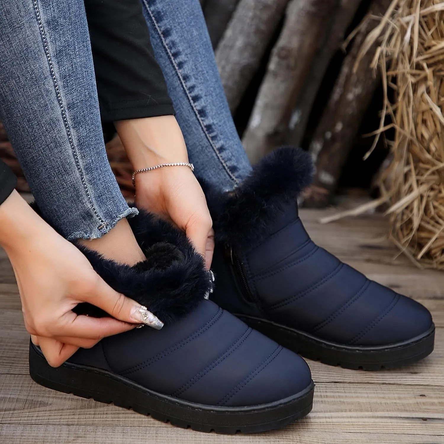 Womens Winter Snow Boots Fur Lined Warm Winter Boots Ankle Booties Waterproof Snow Boots Slip On Boots