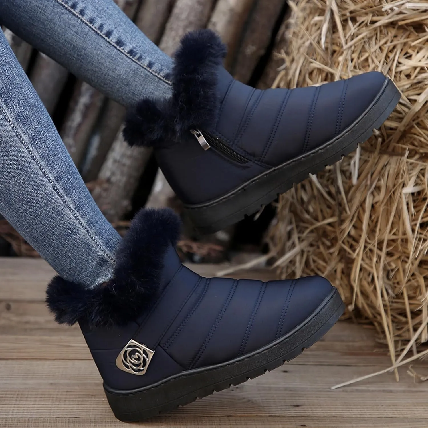 Womens Winter Snow Boots Fur Lined Warm Winter Boots Ankle Booties Waterproof Snow Boots Slip On Boots
