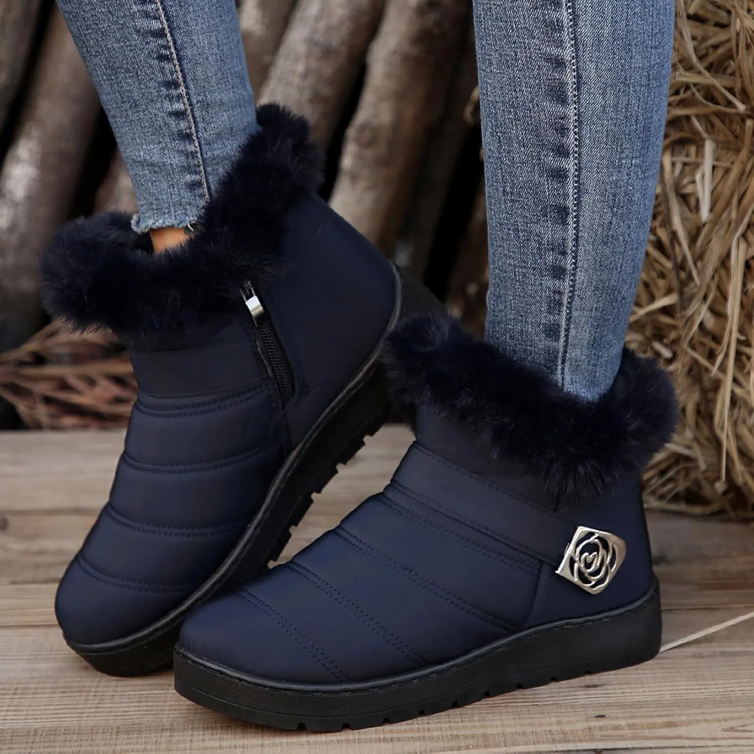 Womens Winter Snow Boots Fur Lined Warm Winter Boots Ankle Booties Waterproof Snow Boots Slip On Boots