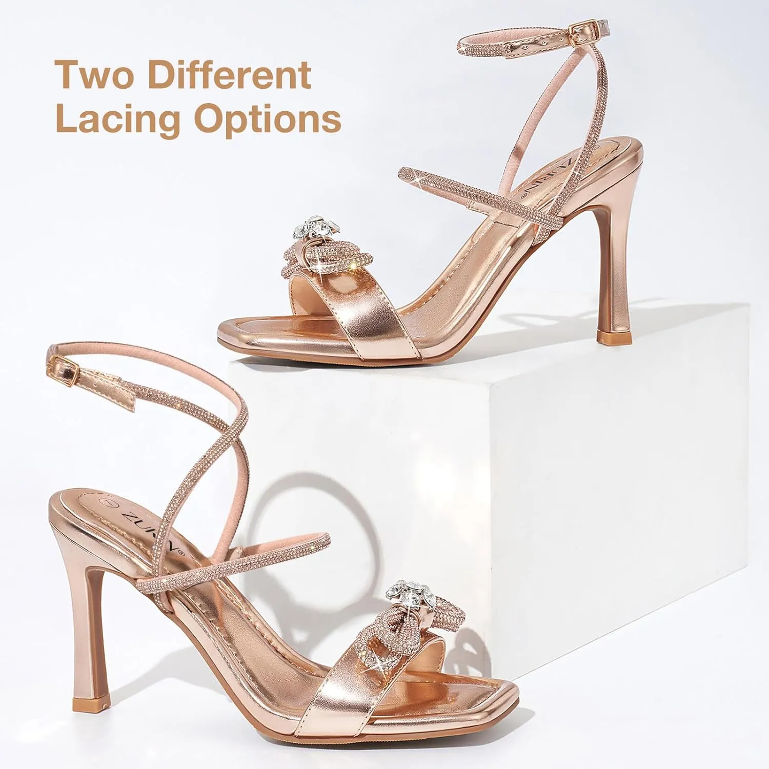 ZURIN Women's Rhinestone Bow Heels Square Toe Strappy Heeled Sandals Sparkle Stiletto High Heels Dress Party Evening Prom Crystal Shoes